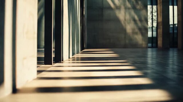 Sunlight creates long, dramatic parallel shadows stretching across a polished concrete or stone floor, highlighting the architectural lines of interior pillars and the bright space beyond