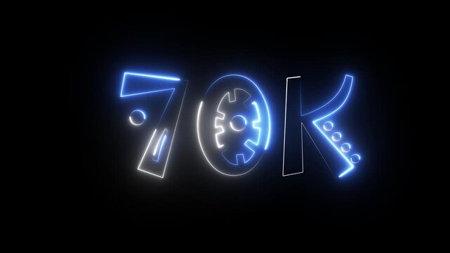 70K celebration effect motion video Glowing neon text icon animation on black background.  70k followers, like, comment, Celebration text animation.