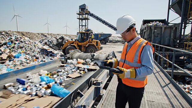 Worker Inspecting Recycling Facility with Tablet - An Asian male worker in a hard hat and safety vest inspects a recycling sorting conveyor belt using a tablet.