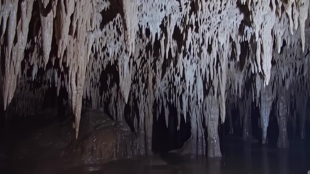 Cave ceiling dripping with formations. Stalactites and shadows
