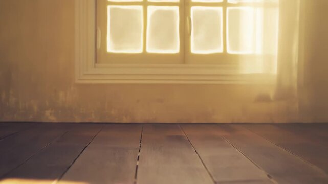 Sunlight illuminating a bare wooden floor through a window, creating warm shadows in a vacant room, depicting concepts of brightness, hope, and new beginnings
