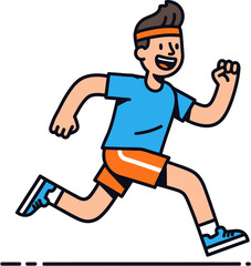 A smiling man with athletic attire is captured in a dynamic illustration, enthusiastically running with his arms in motion, symbolizing fitness and active living