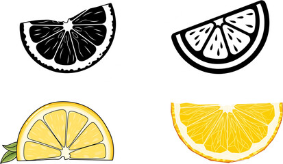 A vibrant and monochrome collection of citrus fruit slices, showcasing diverse artistic representations of lemon and orange wedges, perfect for fresh graphic design projects and culinary themes