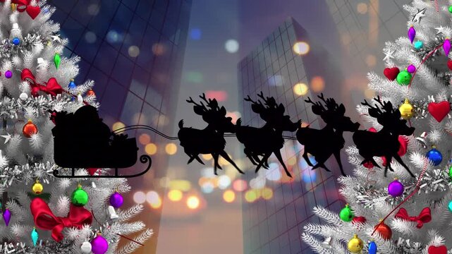 Animation of snow falling over santa claus in sleigh with reindeer christmas trees with decorations