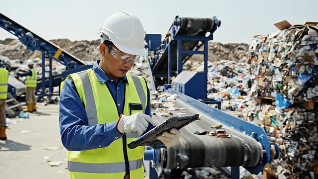Recycling Plant Worker Inspecting Conveyor Belt - An Asian male worker wearing a hard hat, safety glasses, and reflective vest inspects the conveyor belt at a recycling plant.