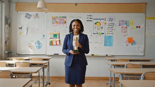 Teacher with a trophy.