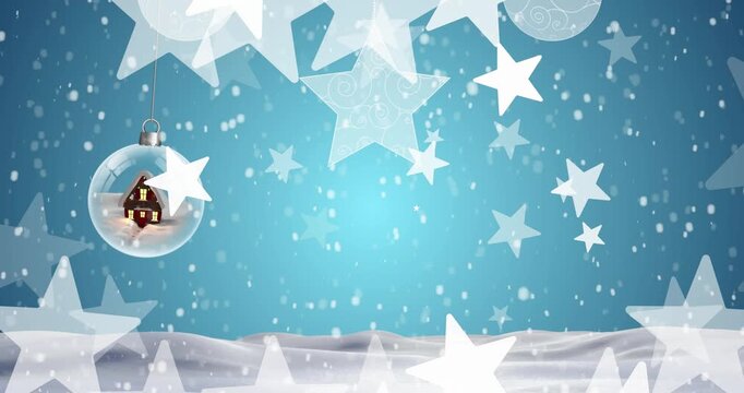Animated festive illustration with snow and stars over Christmas decor.