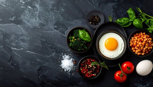 Healthy breakfast with fried egg, broccoli, and beans