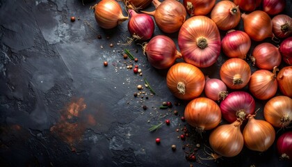 Obraz premium Mixed red and yellow onions on dark background with spices