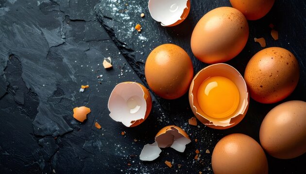 Brown eggs cracking open revealing fresh yolks