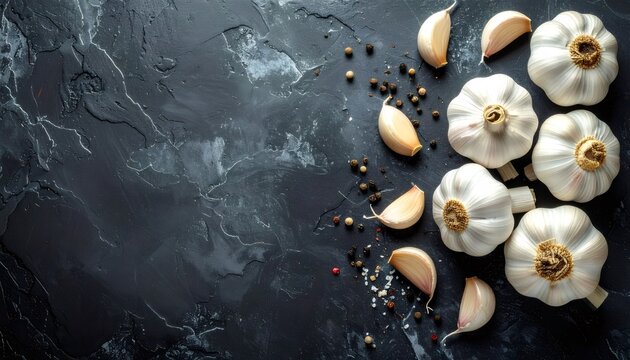 Fresh garlic bulbs cloves and peppercorns on dark background
