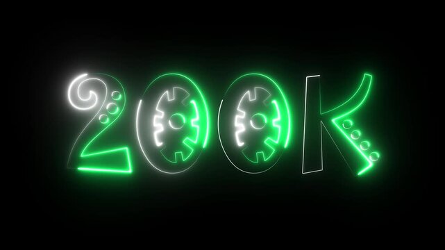 200K celebration effect motion video Glowing neon text icon animation on black background.  200k followers, like, comment, Celebration text animation.