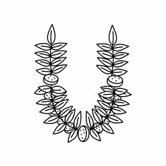 Simple black and white line art drawing of a U-shaped garland made from leaves and berries, presented on a white background.