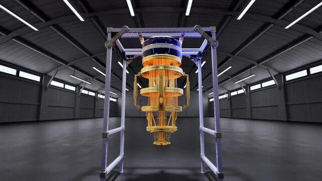 3d rendering golden quantum computer machine in dark factory 4k footage
