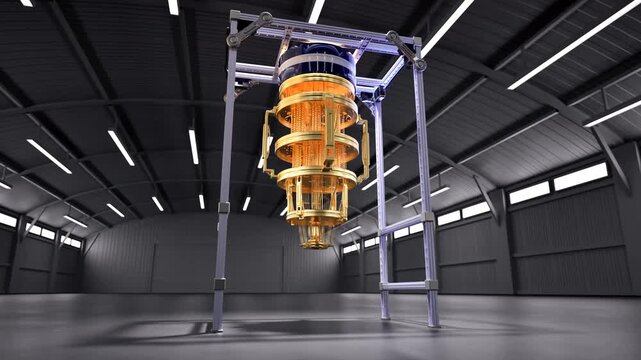 3d rendering golden quantum computer machine in dark factory 4k footage