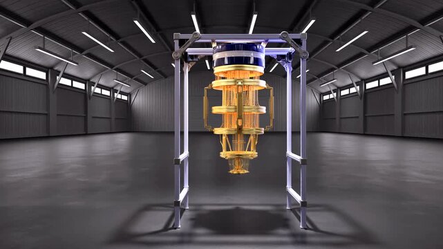 3d rendering golden quantum computer machine in dark factory 4k footage
