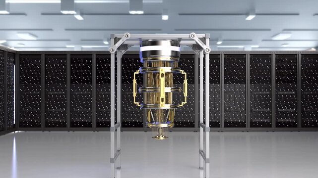 3d rendering quantum server network with quantum computer machine in server room 4k footage