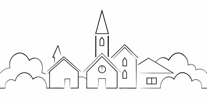 Simple line drawing of a townscape with a church and houses