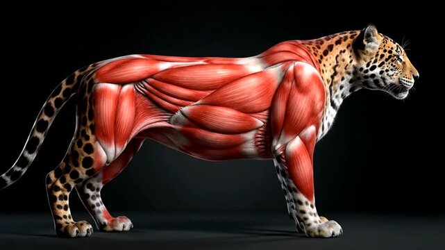 Detailed anatomical illustration of a leopard's muscular structure.