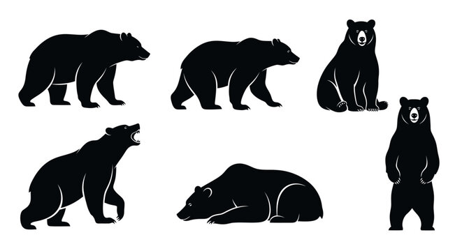 Collection of black bear silhouettes in various poses, i