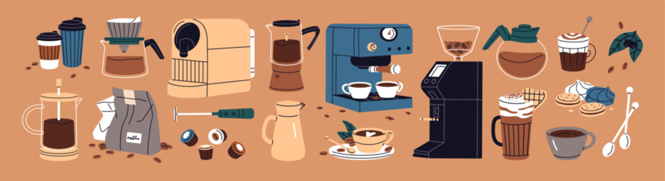 Coffeeshop items set. Kitchen appliances and tools for making coffe. Coffeehouse drinks and desserts. Coffee machine, cofee beans grinder, paper cups and mugs. Flat isolated vector illustrations