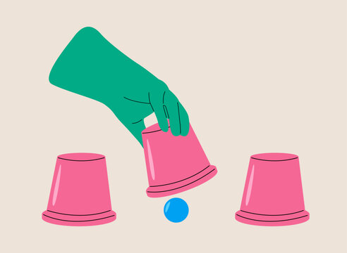 Hand lifting a cup of a cups and ball game. Colorful vector illustration