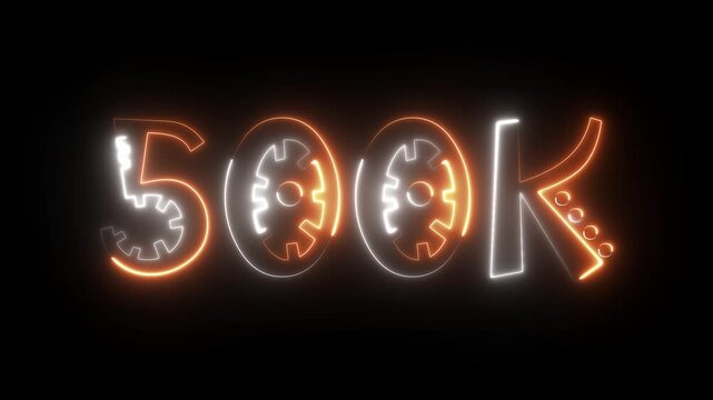 500K celebration effect motion video Glowing neon text icon animation on black background.  500k followers, like, comment, Celebration text animation.