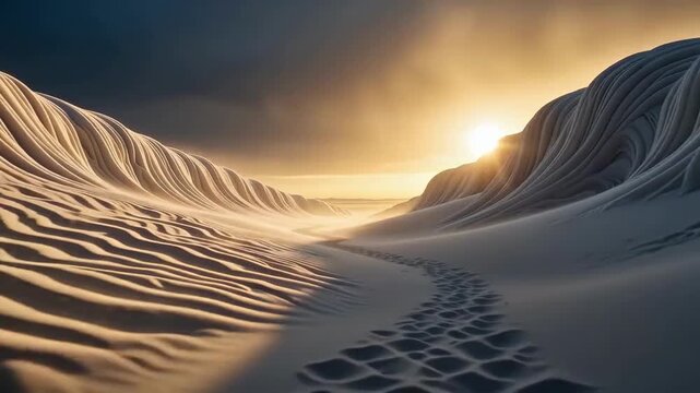 A distant, lonely silhouette of a traveler in a dark raincoat walks through a mystical deep white canyon with frozen waves of snow