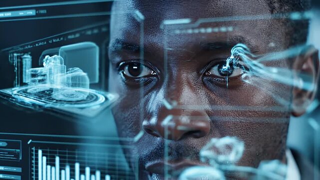 Futuristic African American Scientist Analyzing Data - Close-up shot of an African American scientist wearing a suit, focused on a futuristic interface with data graphs and a 3D video of a chemical