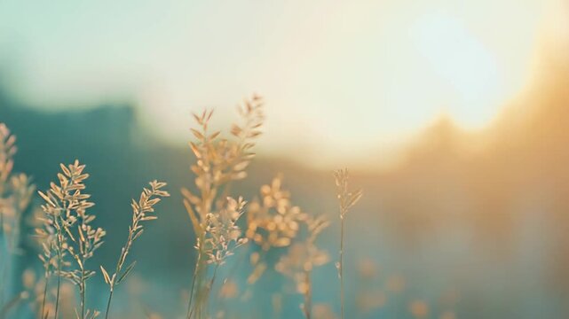 Field grasses catching the warm backlight of a setting or rising sun, creating a soft, dreamy, and tranquil natural background scene with warm and cool tones