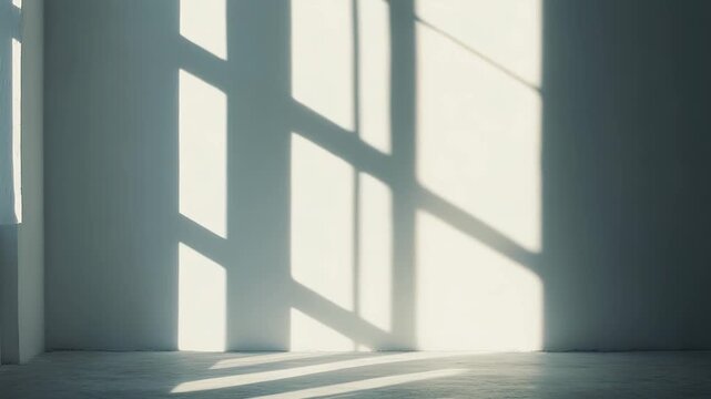 Sunlight creates abstract geometric patterns of light and shadow across a minimalist white wall and concrete floor in an empty, bright interior space, evoking a sense of calm and openness