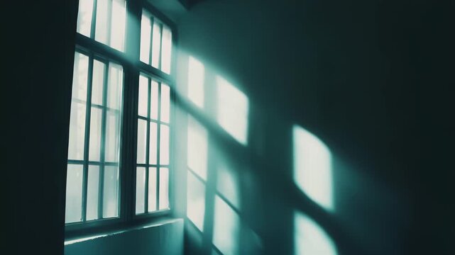 Sunlight beams pouring through a window creating strong geometric shadows on an interior wall, illustrating concepts of hope, light, confinement, and contrasting elements