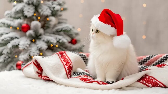 A fluffy white cat in a red Santa hat sits on a red and white patterned blanket, with a decorated Christmas tree