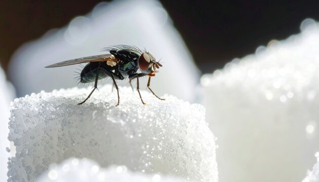 Close-up of a common housefly resting on a white sugar cube.