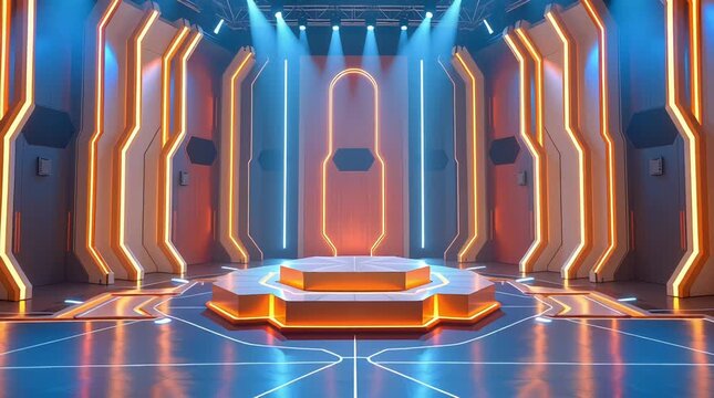 a futuristic stage with glowing orange and blue LED lights, hexagonal platforms, and a central podium, all set against a dark, industrial backdrop with dramatic lighting