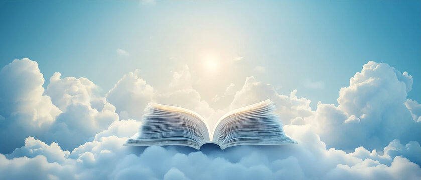Open magical book resting on soft white clouds with bright sunlight shining through clear blue sky