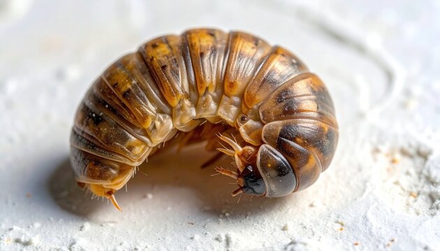 Close-up of a Rolled-up Millipede on White Surface.