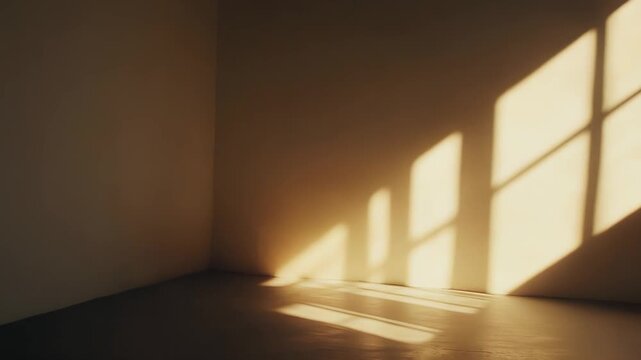 Golden sunlight streaming through a window creating strong graphical shadows on the warm toned walls and floor of an empty interior space, evoking concepts of calm and simplicity