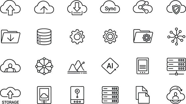 Set of modern outline icons for cloud computing, AI, data storage, and network security, ideal for tech and digital themes.