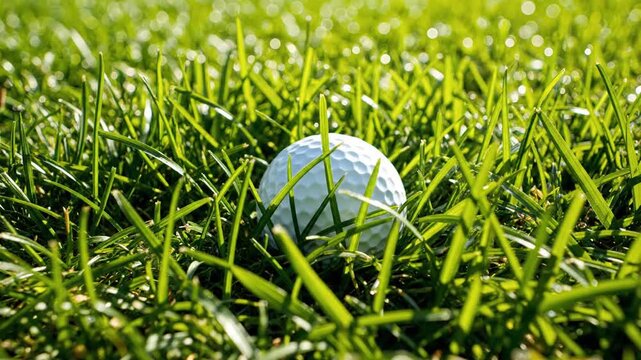 Close Up Macro Shot of a White Golf Ball Nestled in Lush Green Grass on a Sunny Day with Bright Natural Lighting