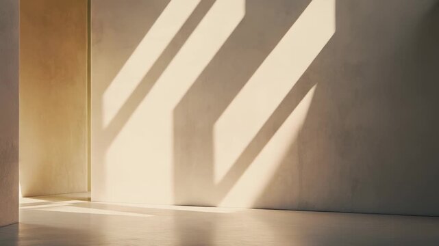 Empty minimalist interior space receiving warm natural light and displaying angular geometric shadows on a textured wall and floor surface, creating a peaceful abstract background