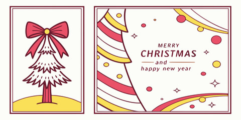 Obraz premium Merry Christmas & Happy New Year Duo – White Layered Tree with Red Bow and Festive Swirl Design