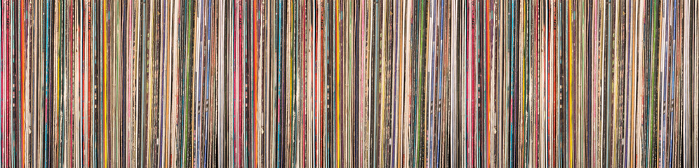 Vintage vinyl records collection showing colorful album spines