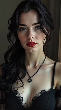 A stunning photograph of a fair-skinned woman with wavy dark hair, wearing a black lace bralette and necklace, set against a neutral background