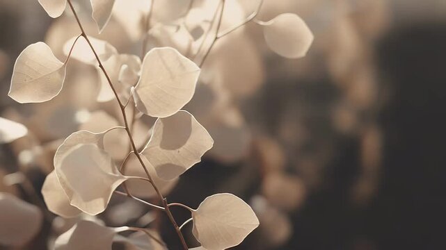 Translucent, round leaves on a slender stem catching soft sunlight, creating a serene, luminous and ethereal natural background with gentle bokeh effects