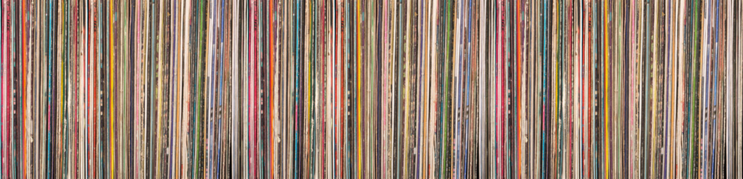 Vintage vinyl records collection showing colorful album spines