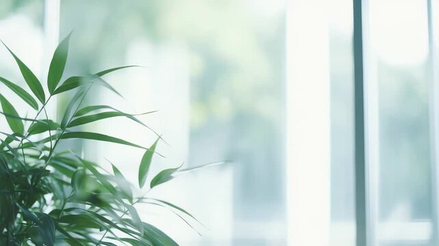 Green plant leaves providing natural elements and promoting well being in a modern office or business environment with soft, ambient light coming through a window