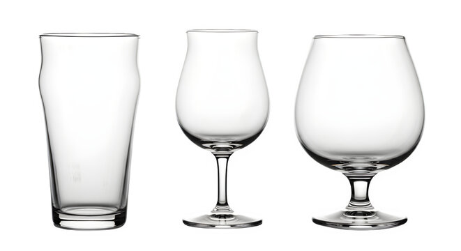Three empty glass drinking glasses on white background