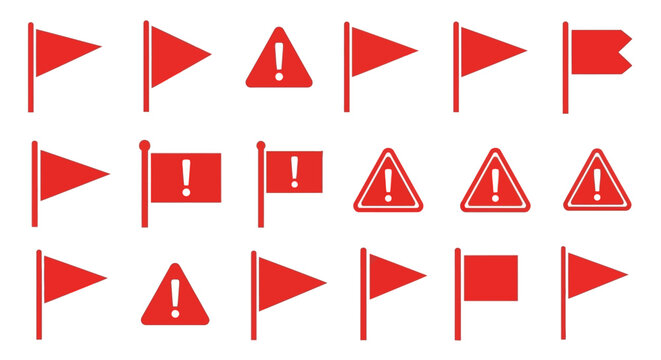 Assorted minimalistic red flags and warning signs displayed on a clean white backdrop ideal for