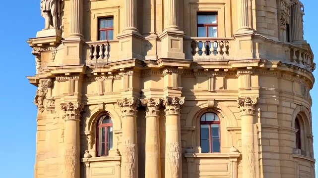 A detailed, sunlit section of a historical building shows intricate architectural details